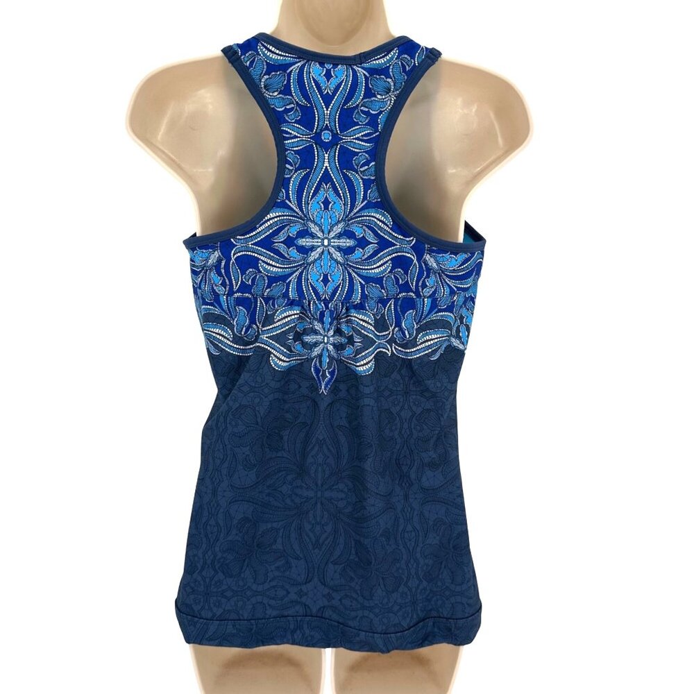 Athleta Womens Racerback Tank Top Blue Paisley  Adjustable Tie Hem Size S - Picture 2 of 9